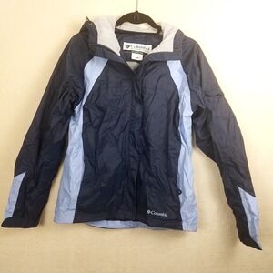 Columbia Womens M Hooded Waterproof Breathable Rain Jacket Navy Blue Light Blue